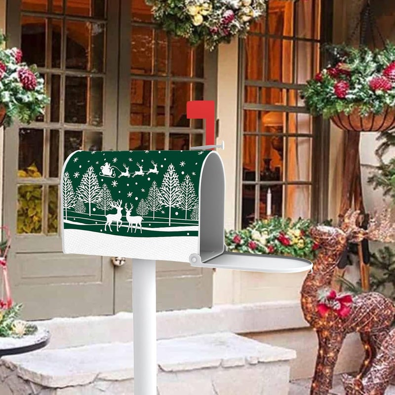 FBCOO Green Christmas Mailbox Cover Magnetic Standard Size 20.5" x 18", Xmas Tree Reindeer Santa Claus Decorative Post Letter Box Wrap Decor, Winter Holiday Snowflake Garden Yard Outdoor Decoration - Image 5